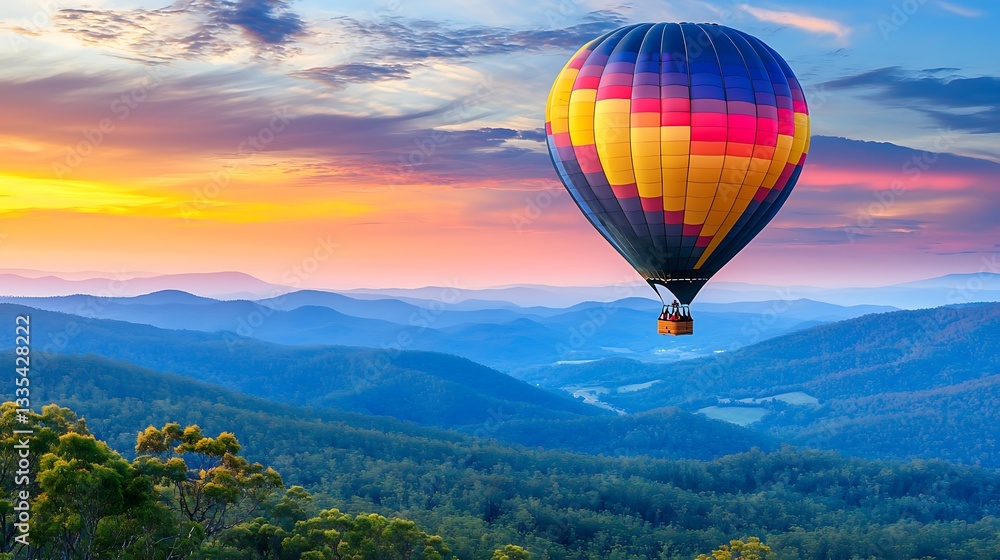 Fototapeta premium Majestic hot air balloon ascends over a valley at sunrise
