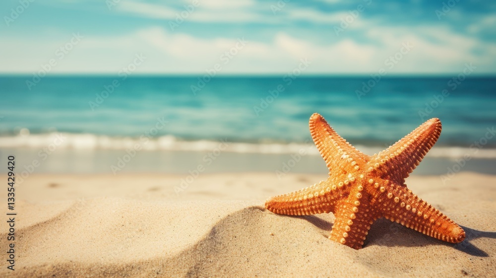 A sunny summer day on the shore, with a vibrant starfish nestled among soft, golden sand. Pure beach bliss A sunny summer day on the shore, with a vibrant starfish nestled among soft, golden sand. Pure beach bliss