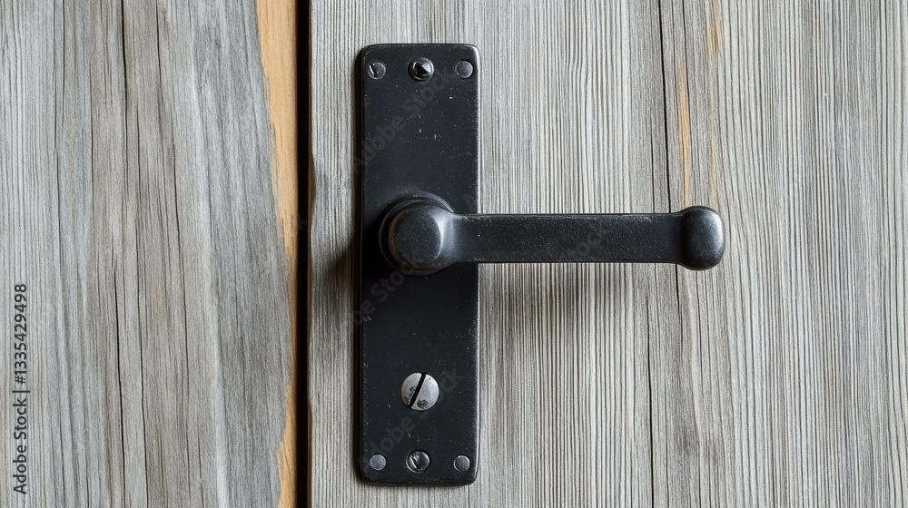 Obraz premium Discover the beauty of a black metal door handle set against an aging wooden backdrop, showcasing an antique locks charm.
