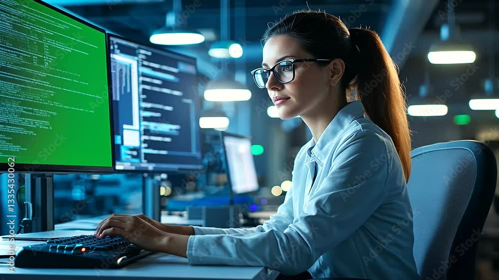 Female engineer coding robotics systems in a contemporary factory office setting. Female engineer coding robotics systems in a contemporary factory office setting.