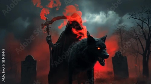 A hooded grim reaper with a flaming scythe stands in a graveyard, accompanied by a fierce black wolf with glowing red eyes, surrounded by mist and eerie red light, evoking a dark, supernatural aura.