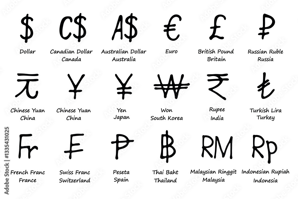 Hand drawn currency symbol set Dollar euro pound ruble yuan yen won rupee lira franc peseta baht ringgit rupiah Hand drawn currency symbol set Dollar euro pound ruble yuan yen won rupee lira franc peseta baht ringgit rupiah