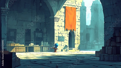 A stylized, sunlit, ancient marketplace