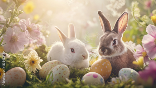 Easter bunny with colorful eggs and flowers on a sunny meadow