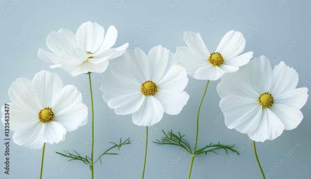 Delicate white cosmos flowers arranged in a row against a soft blue background. Each flower displays a profusion of petals, a vibrant yellow center, and slender stems with delicate green leaves Delicate white cosmos flowers arranged in a row against a soft blue background. Each flower displays a profusion of petals, a vibrant yellow center, and slender stems with delicate green leaves