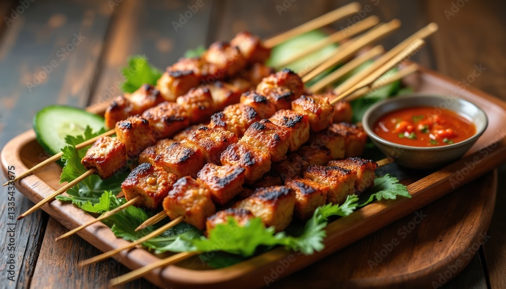 Thai chicken satay skewers arranged on wooden board served with peanut sauce. Grilled meat marinated in blend of spices. Dinner, tasty snack, hot roast closeup. Traditional indonesian food. Spicy Thai chicken satay skewers arranged on wooden board served with peanut sauce. Grilled meat marinated in blend of spices. Dinner, tasty snack, hot roast closeup. Traditional indonesian food. Spicy