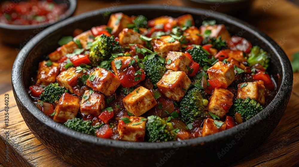 Spicy Tofu Stir-fry with Vegetables in Dark Bowl, Salsa in Background Spicy Tofu Stir-fry with Vegetables in Dark Bowl, Salsa in Background