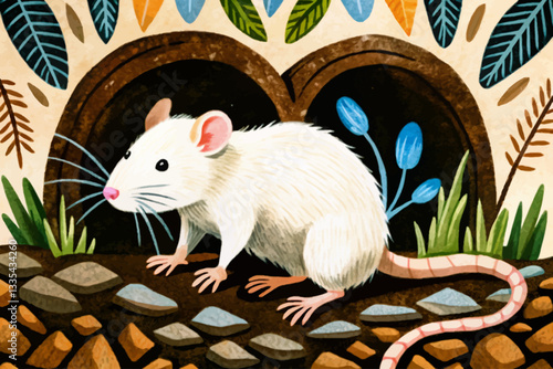 funny albino rat in rocky field abstract