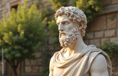 Detailed marble sculpture of Aristotle in outdoor park setting. Plants, stone wall in background. Lighting bust features. Artwork embodies philosophy, wisdom, heritage, culture, ancient portrait.
