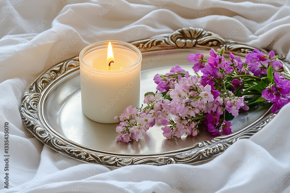 Elegant Candle and Flowers on a Silver Tray Elegant Candle and Flowers on a Silver Tray