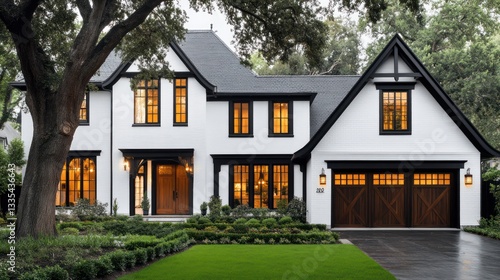 A white Gothic-style house with dark black trim and elegant dark wood accents, featuring a beautiful oak tree in the front yard