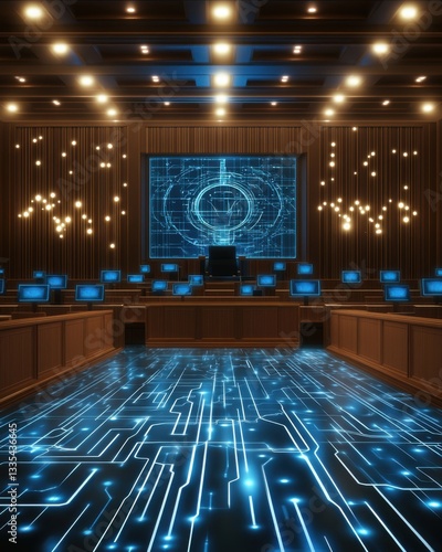 Marketing for law firms and technology consultants. Futuristic Digital Command Center Interior with Glowing Blue Circuit Floor