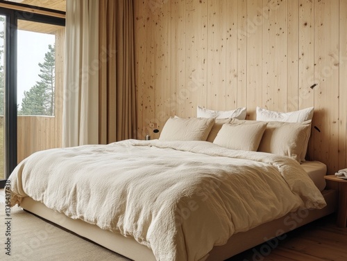 Wallpaper Mural A cozy bedroom showcases a large bed with wooden paneling and view Torontodigital.ca