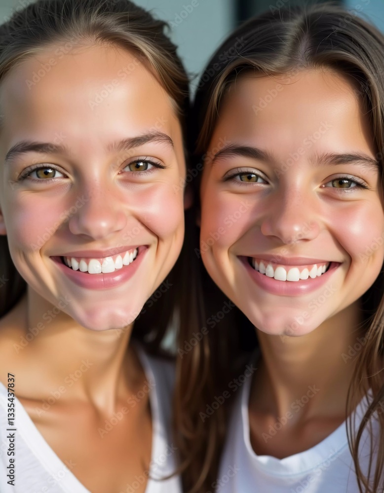 Two cheerful young girls share broad smiles, capturing a moment of joy and laughter. Their sparkling eyes reflect the delight of their friendship in a warm, inviting space Generative AI Two cheerful young girls share broad smiles, capturing a moment of joy and laughter. Their sparkling eyes reflect the delight of their friendship in a warm, inviting space Generative AI