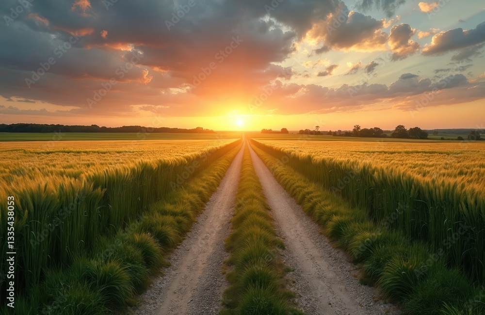 Picturesque rural scenery with road going through wheat fields at sunset. Summer agricultural landscape with clear sky, sunlight. Scenic countryside travel destination through crop fields for tour Picturesque rural scenery with road going through wheat fields at sunset. Summer agricultural landscape with clear sky, sunlight. Scenic countryside travel destination through crop fields for tour