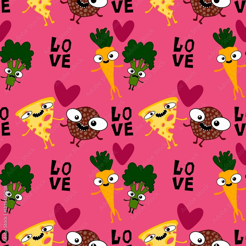 Naklejka premium Cartoon food seamless sausage and cheese pattern for wrapping paper and fabrics and linens and kids clothes print