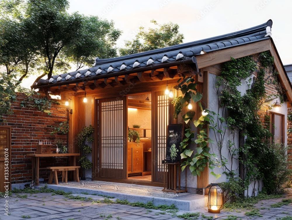Obraz premium A charming outdoor restaurant with traditional architectural details