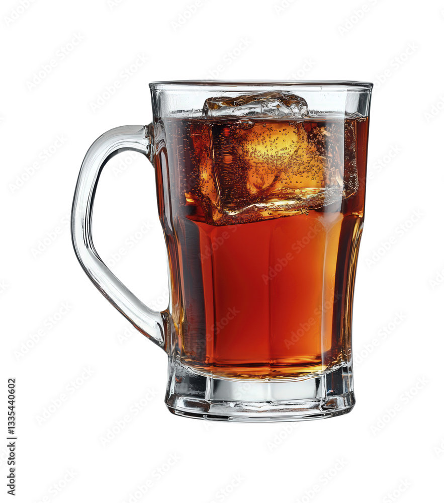 Refreshing Glass Mug of Cold Amber Beer with Ice Cubes Showing Golden Highlights and Crystal Clear Container Isolated on Transparent and White Background Refreshing Glass Mug of Cold Amber Beer with Ice Cubes Showing Golden Highlights and Crystal Clear Container Isolated on Transparent and White Background