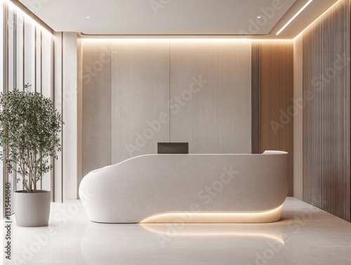 Modern minimalist reception area features curved desk and plant