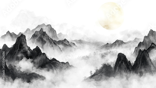 Wallpaper Mural black color watercolor illustration of misty mountains landscape isolated on white or transparent background Torontodigital.ca