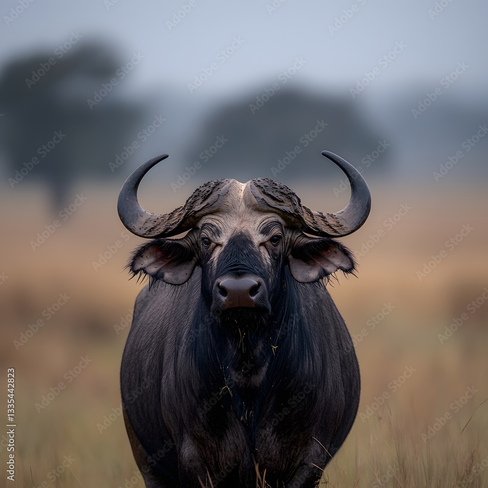 African buffalo stares, savanna grassland, misty morning, wildlife documentary (1) African buffalo stares, savanna grassland, misty morning, wildlife documentary (1)