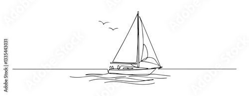 sailboat on the sea vector line art monoline one line illustration outline drawing