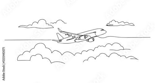 airplane flying through clouds vector line art monoline one line illustration outline drawing