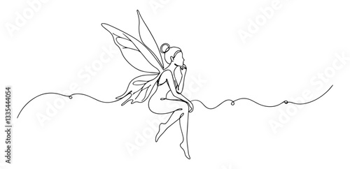 sitting fairy with wings resting on a flowing decorative line in elegant black vector style
