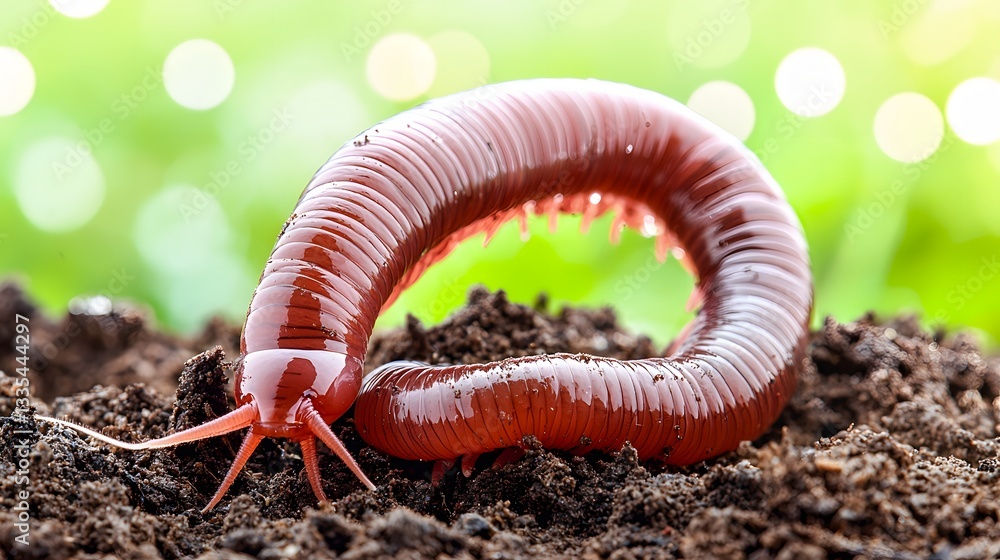 Close-Up of a Colorful Millipede Crawling on Soil with Natural Background Bokeh Effect Close-Up of a Colorful Millipede Crawling on Soil with Natural Background Bokeh Effect