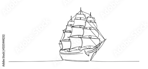 large multi-masted ship, big frigate on the sea thin line art style vector
