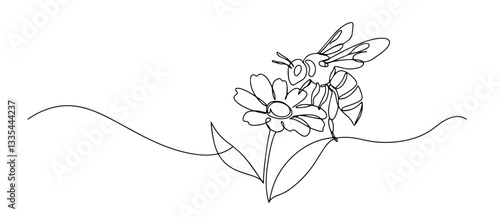 bee sits on a flower and collects pollen in spring thin line art style vector