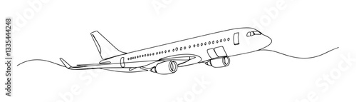 passenger plane in flight thin line art style vector