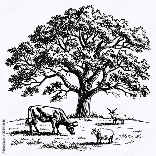 Vector hand-drawn a cow, sheep, and a goat under the tree