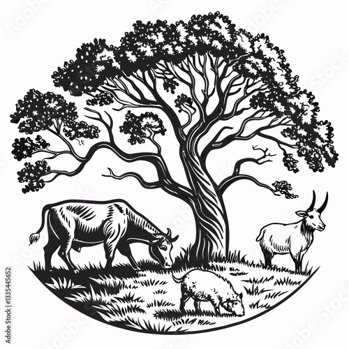 Vector hand-drawn a cow, sheep, and a goat under the tree