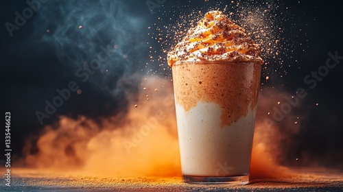 Dynamic Motion Shot of Protein Shake with Cream and Spice Dust