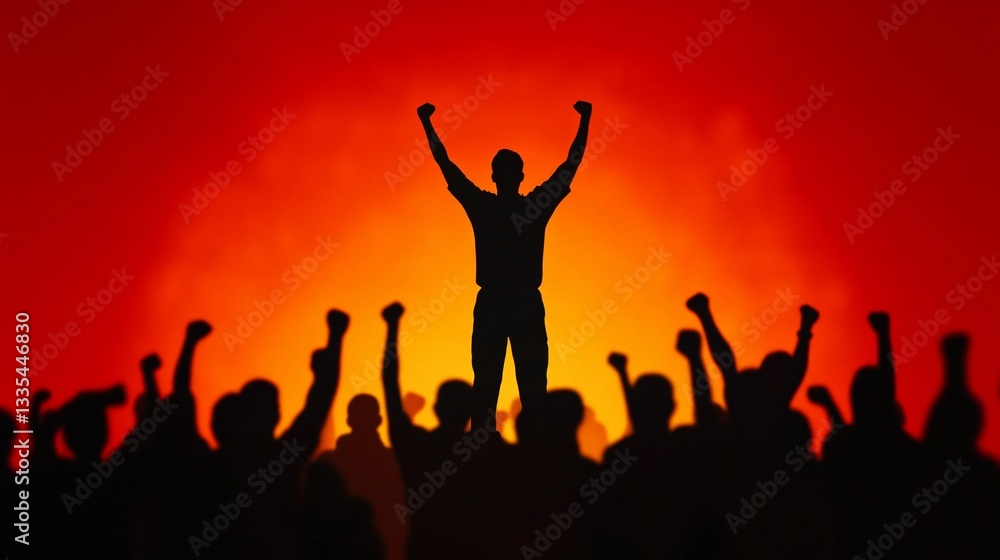 Silhouettes of a crowd with arms raised, cheering in the background, with a single figure of a man in front representing the winner Silhouettes of a crowd with arms raised, cheering in the background, with a single figure of a man in front representing the winner