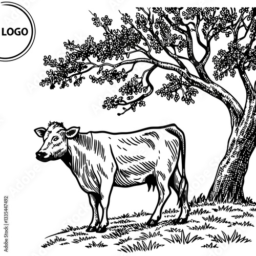 Vector hand-drawn a cow, sheep, and a goat under the tree