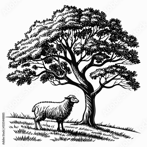 Vector hand-drawn a cow, sheep, and a goat under the tree