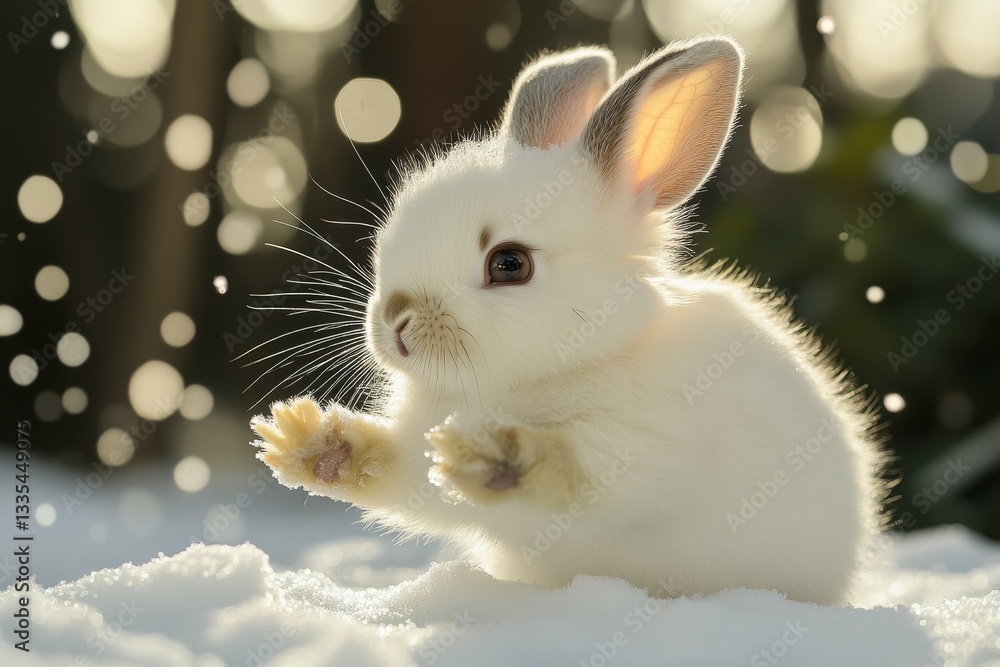 Fototapeta premium A Bunnys First Snow, Baby animals bunnies, chicks, lambs