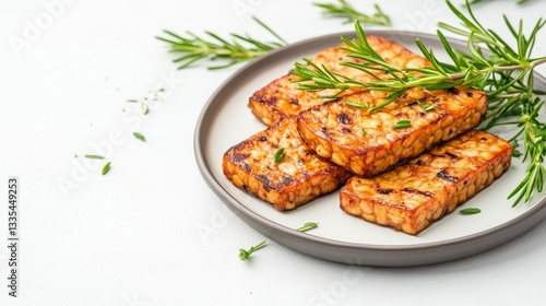 Grilled Tempeh Slices with Fresh Garnish on White Plate