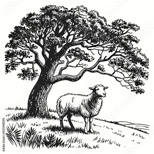 Vector hand-drawn a cow, sheep, and a goat under the tree