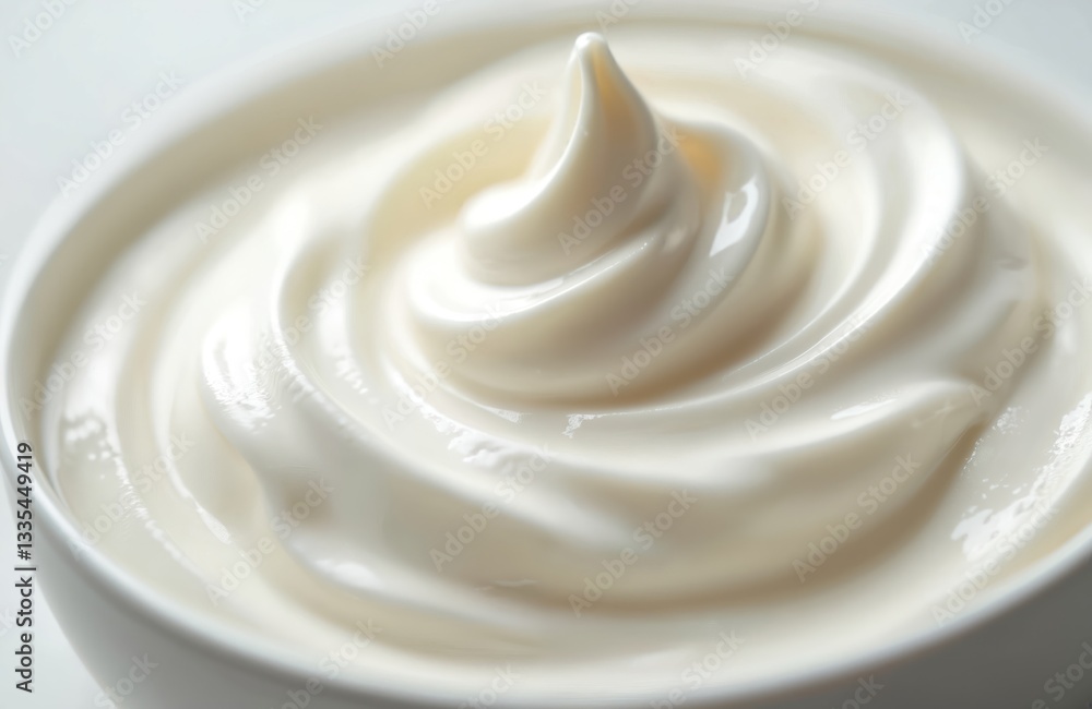 Macro close-up of creamy white swirl. Sweet, smooth yogurt in bowl. Fresh dairy dessert delight. Delicious natural topping, sauce, dip, ingredient for healthy diet food background. Macro close-up of creamy white swirl. Sweet, smooth yogurt in bowl. Fresh dairy dessert delight. Delicious natural topping, sauce, dip, ingredient for healthy diet food background.