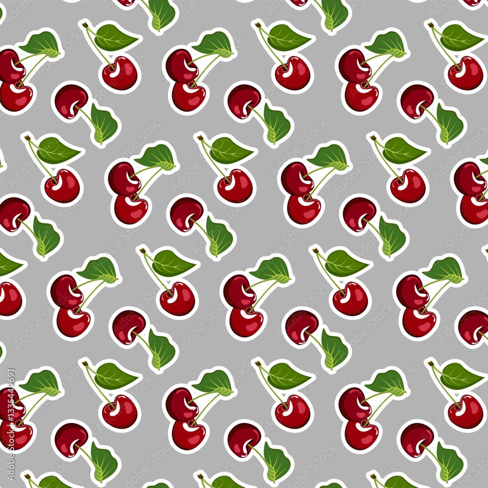 Stickers with cherries in a pattern.Vector seamless pattern with cherry stickers on a gray background. Stickers with cherries in a pattern.Vector seamless pattern with cherry stickers on a gray background.
