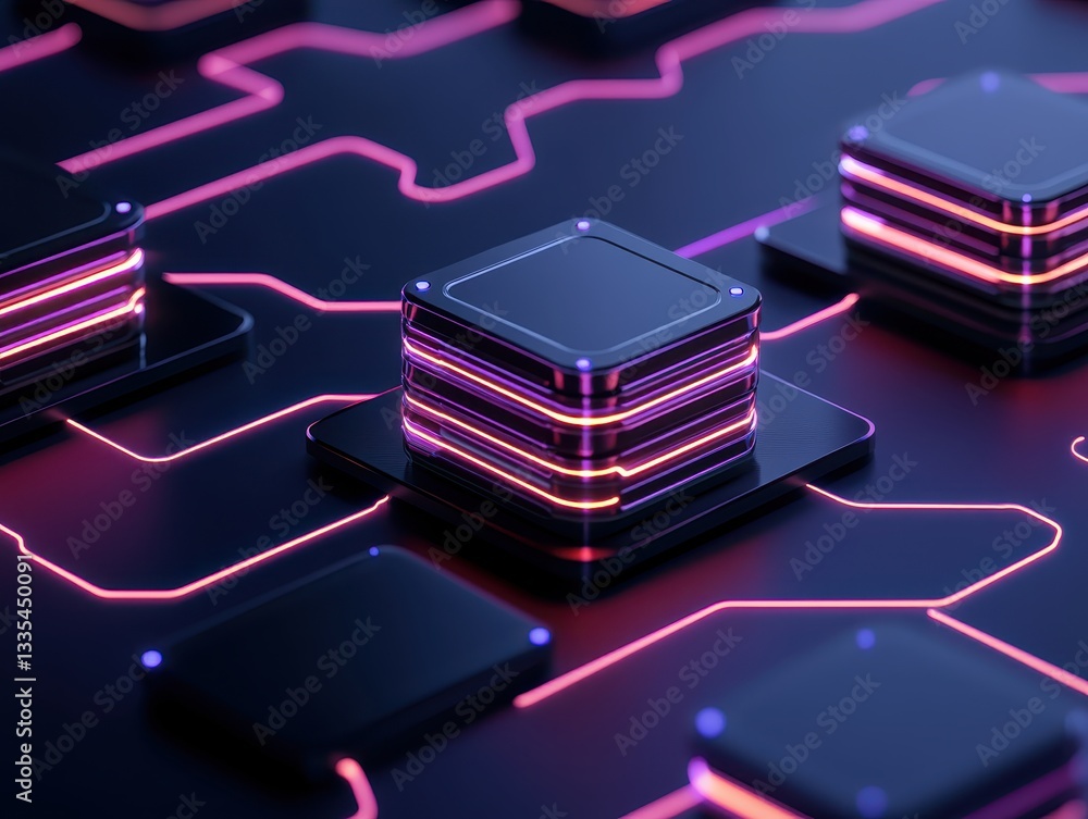 Futuristic microchips arranged on a circuit board with glowing neon lines Futuristic microchips arranged on a circuit board with glowing neon lines