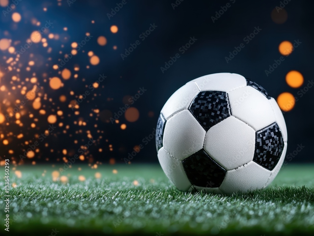 Fototapeta premium A close-up of a soccer ball on green grass with a blurred sparkly background