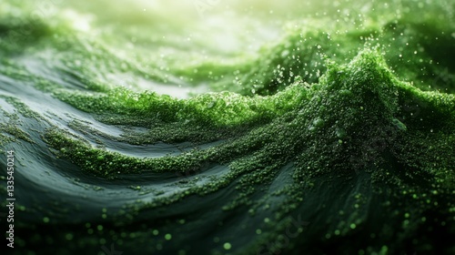 Dark Green Chlorella Powder Swirling in Water with Dynamic Waves