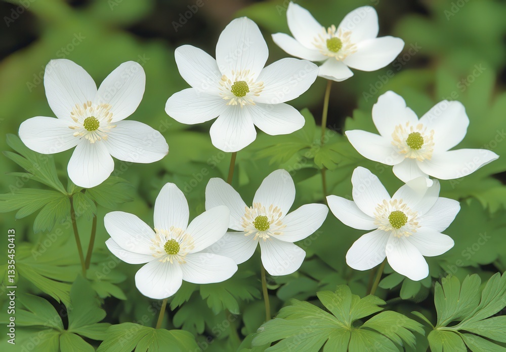 Delicate white flowers bloom gracefully among vibrant green leaves, creating a serene and natural scene. Delicate white flowers bloom gracefully among vibrant green leaves, creating a serene and natural scene.