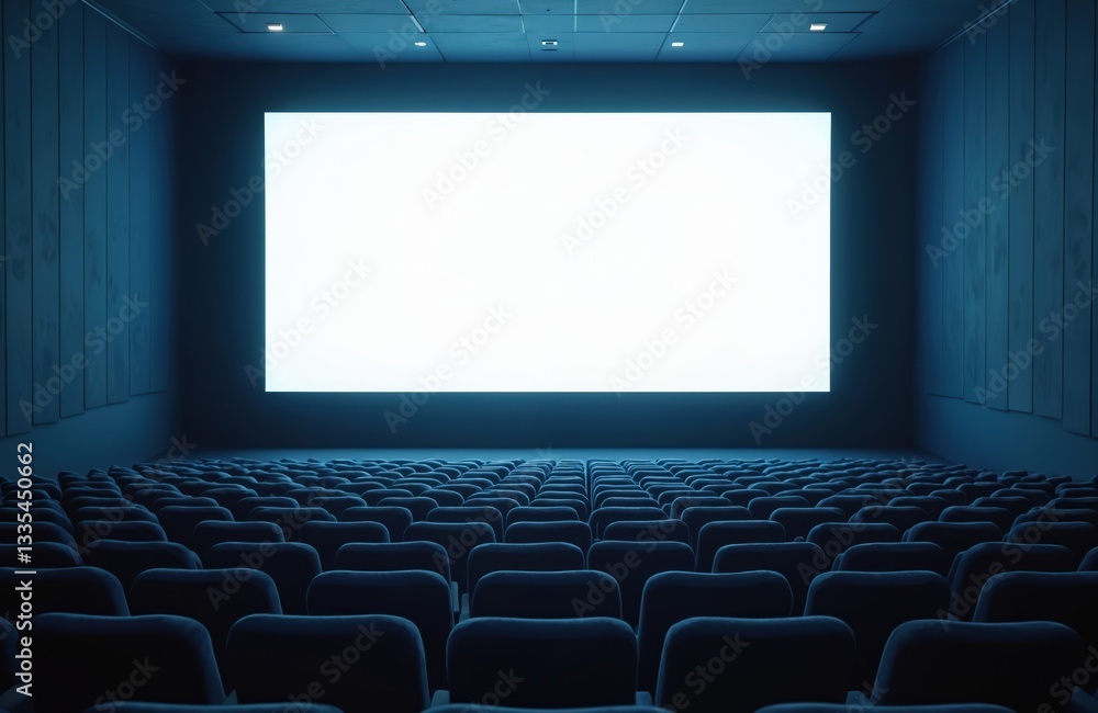 Blank white screen at cinema with empty dark blue seats. Clean modern design inside auditorium hall for movie presentation. Mockup template for banner event demonstration. Movie theater with nobody. Blank white screen at cinema with empty dark blue seats. Clean modern design inside auditorium hall for movie presentation. Mockup template for banner event demonstration. Movie theater with nobody.