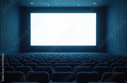 Blank white screen at cinema with empty dark blue seats. Clean modern design inside auditorium hall for movie presentation. Mockup template for banner event demonstration. Movie theater with nobody.