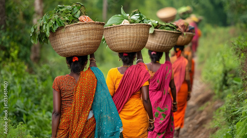 African women in traditional dress walk with baskets on their heads against backdrop of flowering hills.